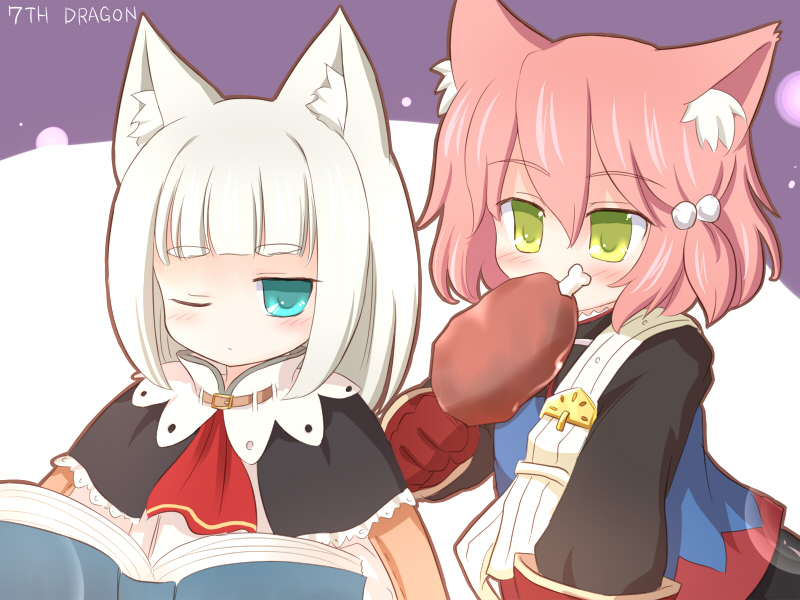 ry (yagoyago), fighter (7th dragon), harukara (7th dragon), ikurakun (7th dragon), mage (7th dragon), 7th dragon, 7th dragon (series), sega, 2girls, animal ears, boned meat, book, cat ears, food, meat, multiple girls, one eye closed, wink