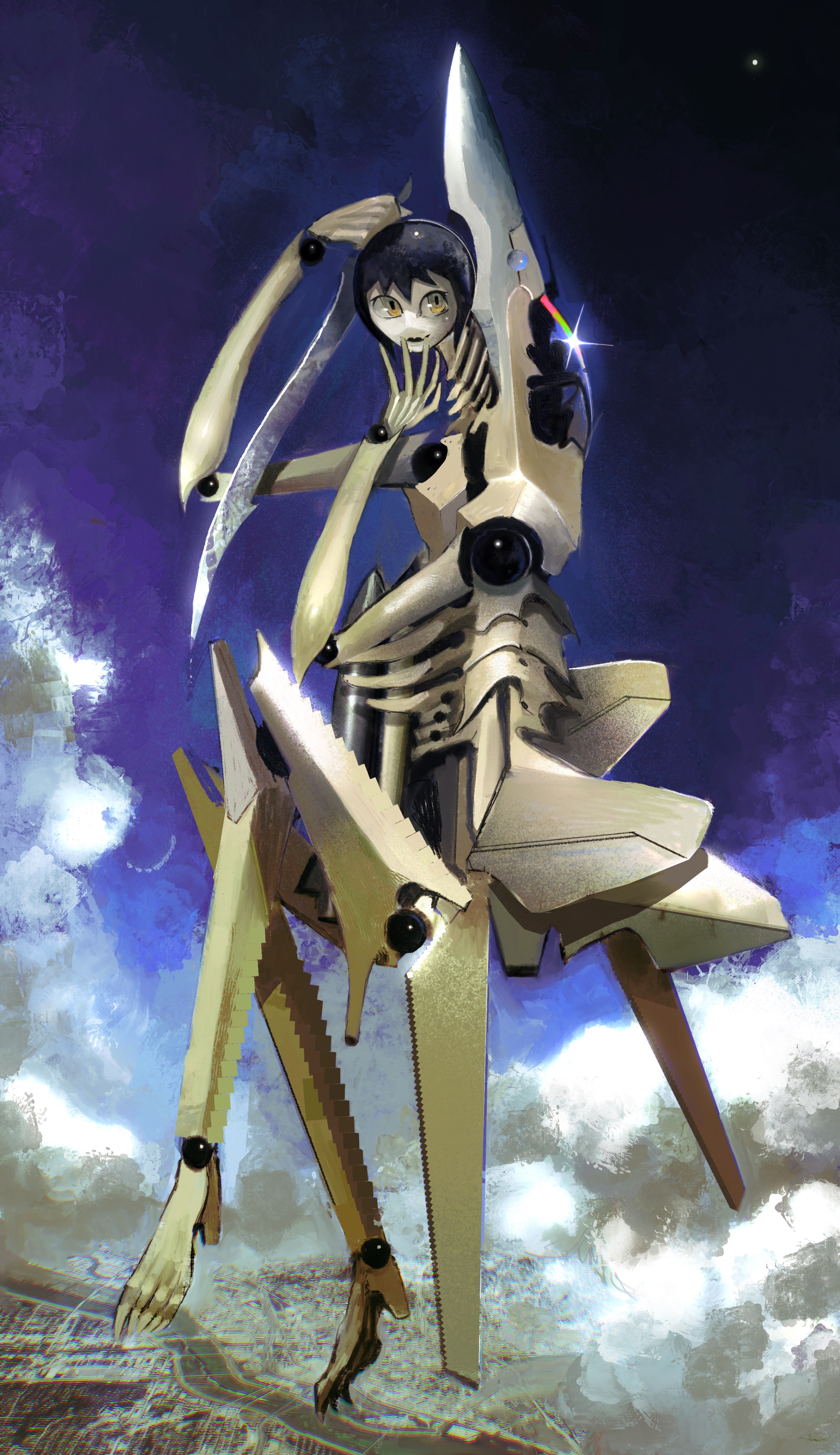 original, absurdres, highres, 1girl, black hair, black lips, blue sky, city, closed mouth, cloud, cloudy sky, full body, holding, holding weapon, humanoid robot, mecha, noarteria, orb, robot, robot girl, sky, weapon, yellow eyes