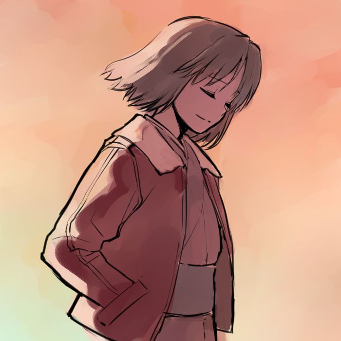 b suke, ryougi shiki, kara no kyoukai, commentary request, 1girl, black hair, closed eyes, hand in pocket, jacket, japanese clothes, kimono, medium hair, profile, smile, solo, upper body