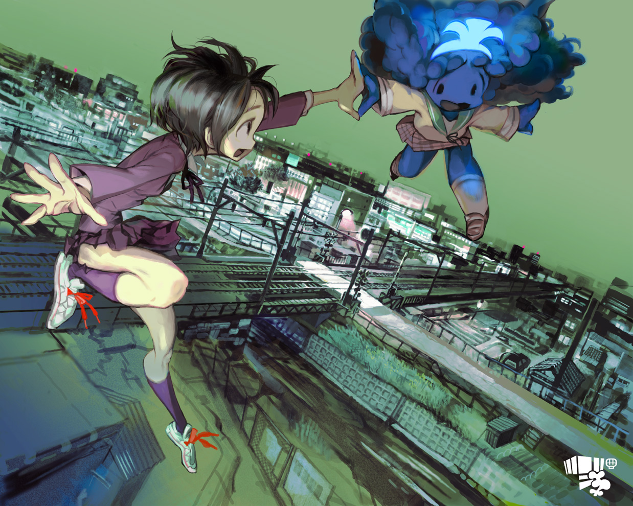 kawaguchi youhei, blue detune, original, 2girls, black hair, blue hair, cityscape, flying, grey eyes, multiple girls, night, railroad crossing, railroad tracks