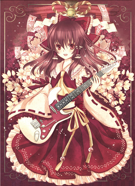 nozomi fuuten, hakurei reimu, touhou, bad id, bad pixiv id, 1girl, :d, ascot, bell, black hair, bow, brown hair, cherry blossoms, detached sleeves, female focus, fender stratocaster, flower, full body, guitar, hair bow, hair tubes, instrument, japanese clothes, jingle bell, long sleeves, looking at viewer, miko, ofuda, open mouth, red eyes, ribbon, ribbon-trimmed sleeves, ribbon trim, skirt, skirt set, smile, solo, torii, wide sleeves