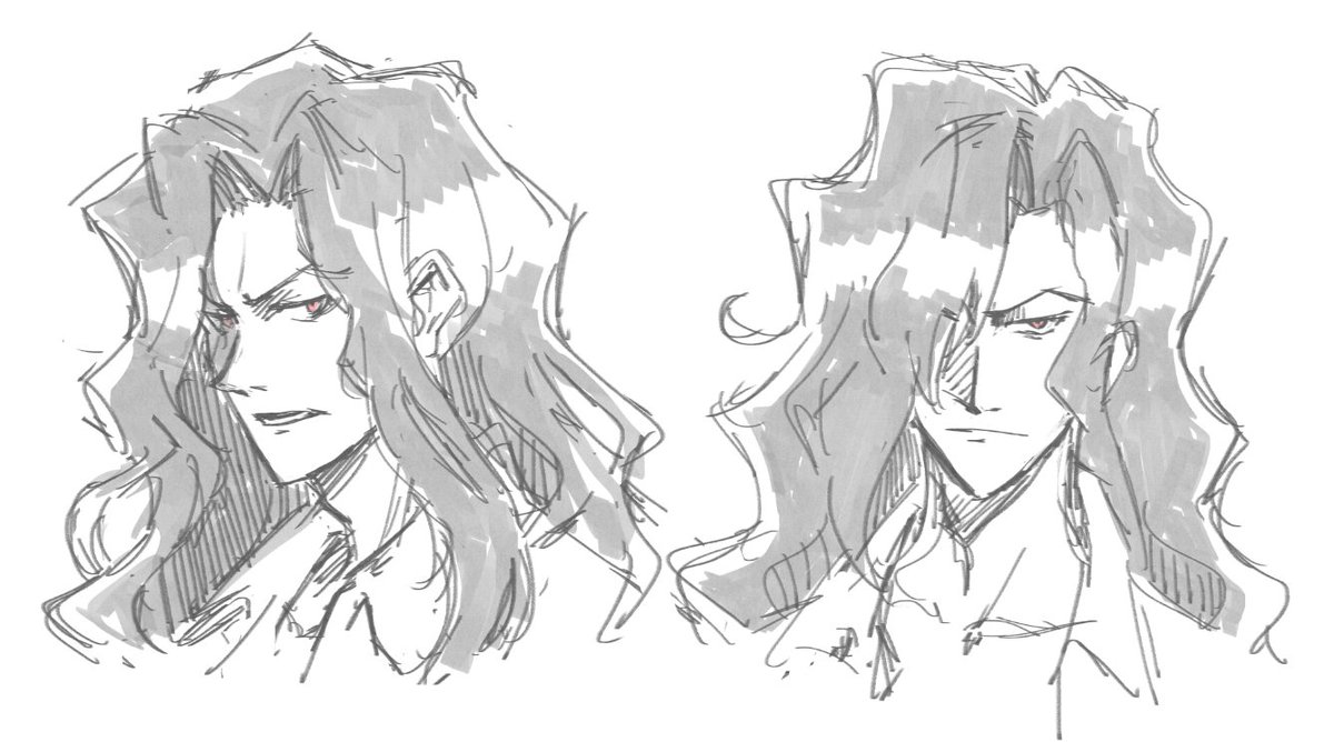 spdcooler, michael roa valdamjong, tsukihime, 1boy, black hair, collared shirt, hair over one eye, long hair, looking at viewer, male focus, open clothes, open shirt, partially shaded face, profile, red eyes, shirt, sketch, wavy hair