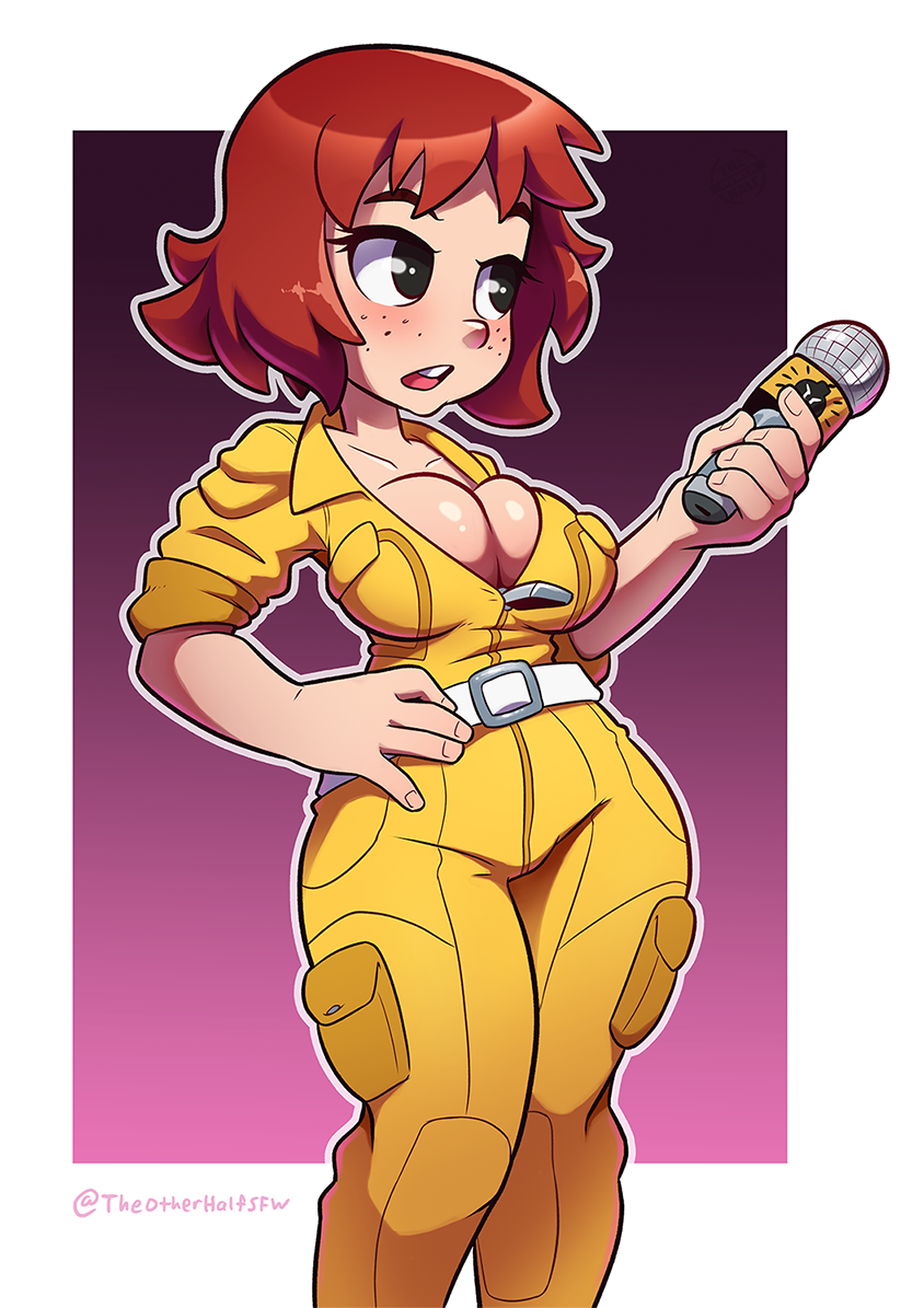 the other half, april o'neil, teenage mutant ninja turtles, teenage mutant ninja turtles (1987), bad link, 1girl, belt, blush, bow, breasts, brown eyes, brown hair, cleavage, collarbone, full-length zipper, gradient background, holding, holding microphone, jumpsuit, large breasts, microphone, navel, nose, red bow, short hair, simple background, solo, standing, yellow jumpsuit, zipper, zipper pull tab