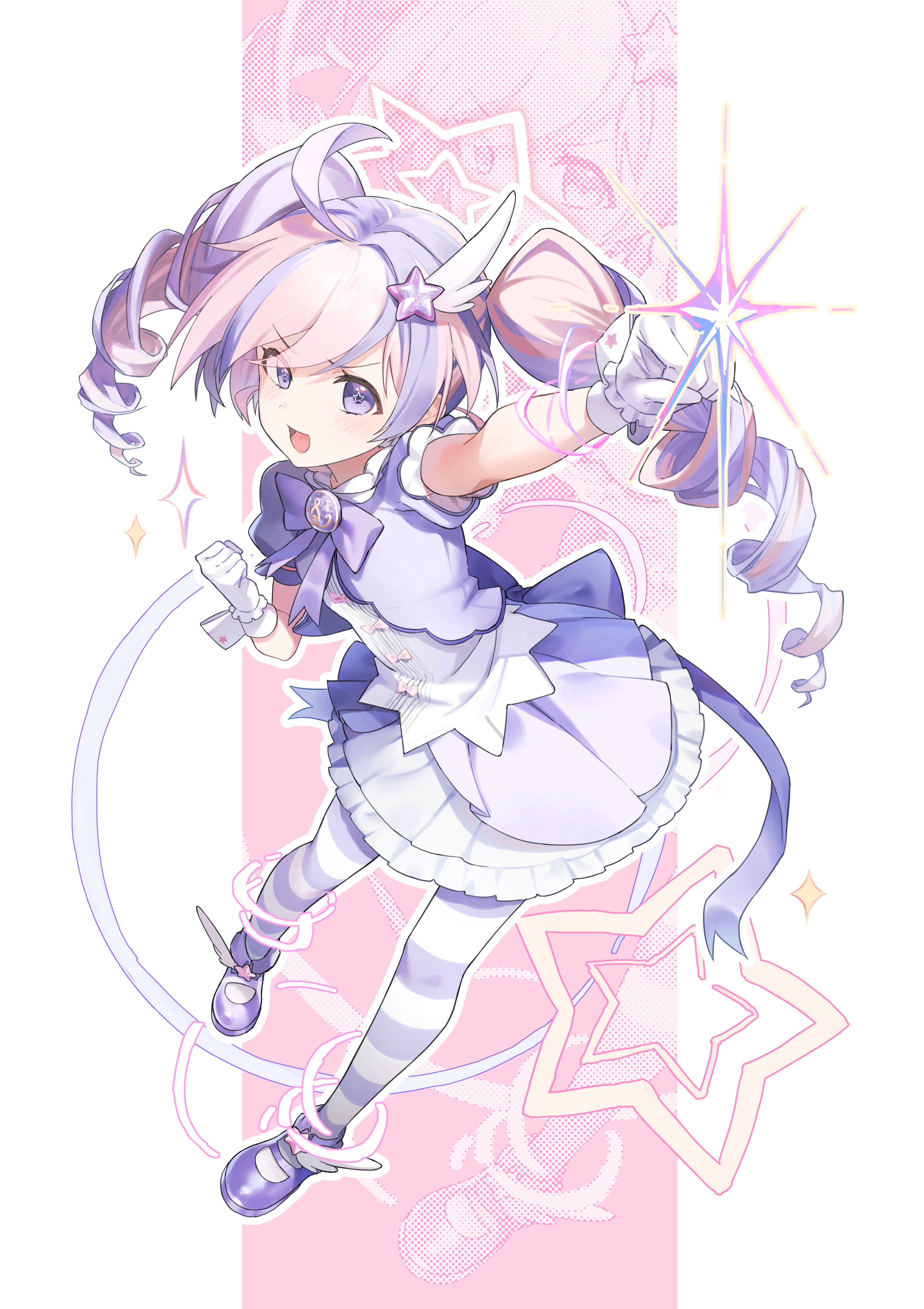 kuro11kii, reisa (blue archive), reisa (magical) (blue archive), blue archive, absurdres, highres, 1girl, blush, clenched hands, drill hair, gloves, halo, jacket, long hair, looking at viewer, magical girl, multicolored hair, off shoulder, official alternate costume, open mouth, pink hair, pink halo, purple eyes, purple hair, purple jacket, purple shoes, purple skirt, purple thighhighs, shirt, shoes, short sleeves, sidelocks, skirt, solo, striped clothes, striped thighhighs, thighhighs, twin drills, two-tone hair, white gloves, white shirt