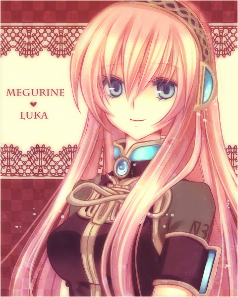 nozomi fuuten, megurine luka, vocaloid, blue eyes, long hair, pink hair, smile, solo