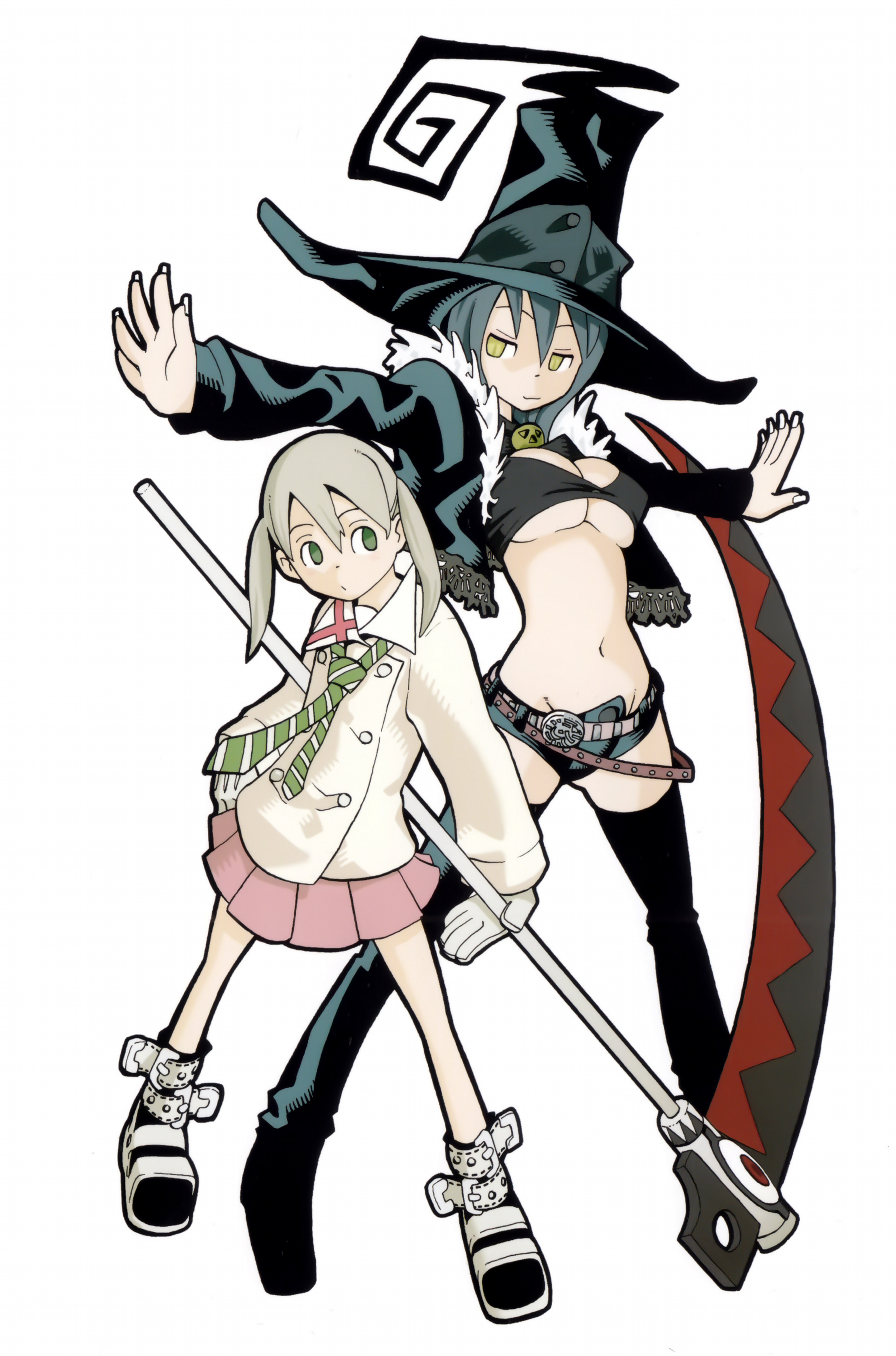 ohkubo atsushi, blair (soul eater), maka albarn, soul evans, soul eater, absurdres, highres, 00s, 2girls, belt, boots, breasts, cleavage, flat chest, gloves, hat, midriff, multiple girls, navel, purple hair, school uniform, scythe, short shorts, shorts, skirt, thigh boots, thighhighs, twintails, underboob, weapon, witch hat