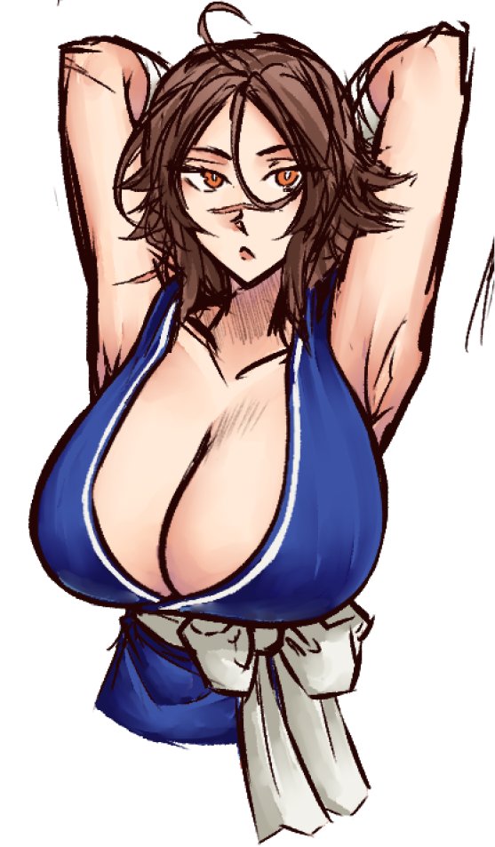 moren eh, sugitani zenjubou (fate), fate/grand order, fate (series), 1girl, ahoge, bandaged arm, bandages, bare shoulders, blue shirt, breasts, brown eyes, brown hair, huge breasts, looking at viewer, sash, scar, scar on arm, scar on face, scar on nose, shirt, sleeveless, solo, white background