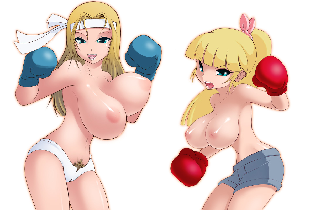 noise (lesion949), original, 2girls, blonde hair, blue eyes, bouncing breasts, boxing, boxing gloves, breasts, cameltoe, female pubic hair, headband, huge breasts, inverted nipples, multiple girls, navel, nipples, open mouth, ponytail, pubic hair, puffy nipples, short shorts, shorts, topless female, unaligned breasts