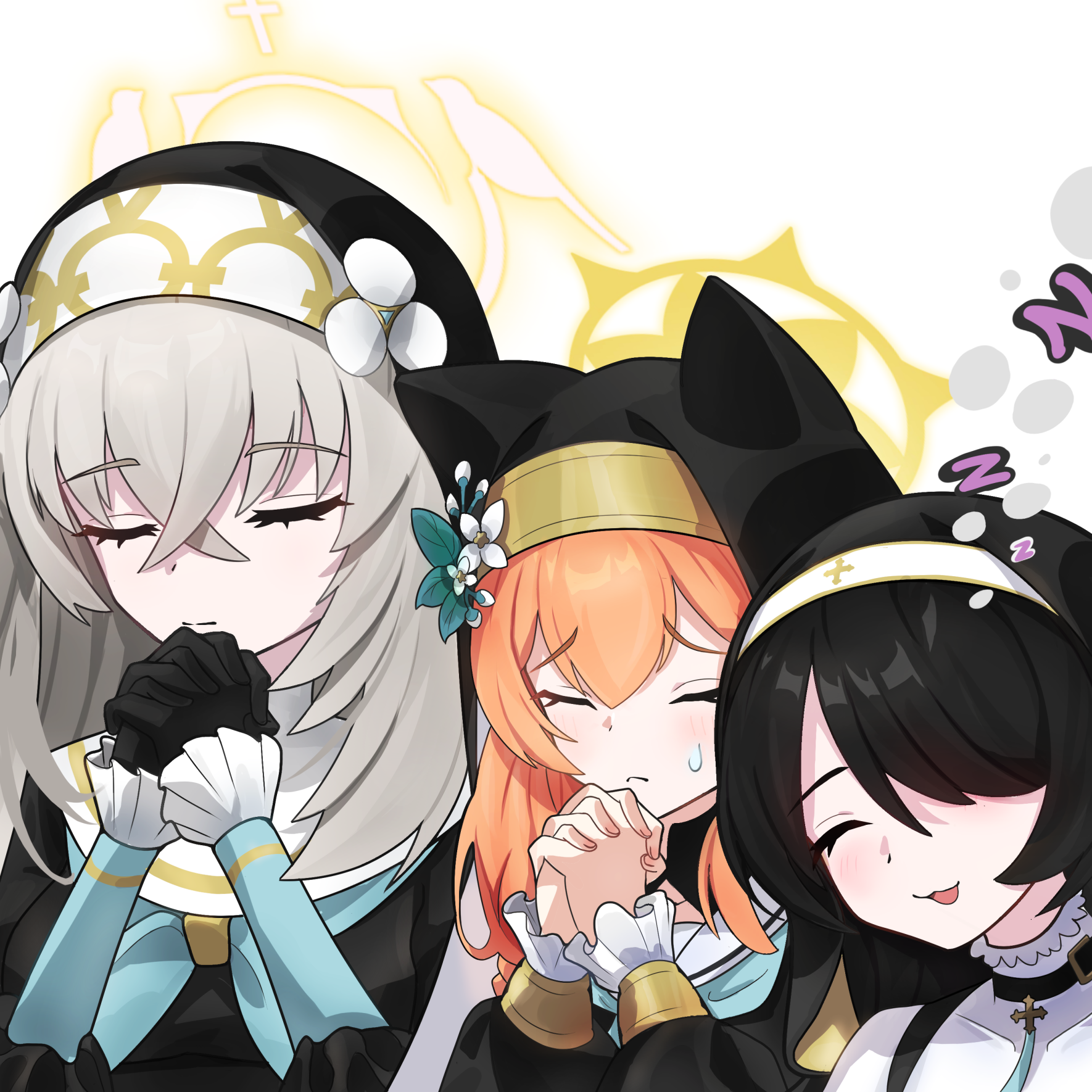 ze adventurer, hinata (blue archive), mari (blue archive), sakurako (blue archive), blue archive, highres, 3girls, animal ears, black dress, black gloves, black hair, black veil, blue neckerchief, closed eyes, closed mouth, collar, crossed bangs, dress, flower, gloves, hair between eyes, hair flower, hair ornament, hair over one eye, halo, long hair, multiple girls, neckerchief, nun, open mouth, orange hair, own hands clasped, own hands together, sailor collar, sidelocks, sisterhood (blue archive), sleeping, sweatdrop, veil, white collar, white flower, white hair, white sailor collar, yellow halo, zzz
