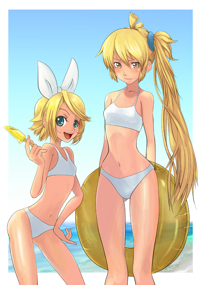 motsu rebaa, akita neru, kagamine rin, vocaloid, highres, 2girls, bikini, blonde hair, blue eyes, bow, food, hair bow, hand on own hip, hip focus, innertube, legs, long hair, multiple girls, popsicle, short hair, side ponytail, swim ring, swimsuit, yellow eyes