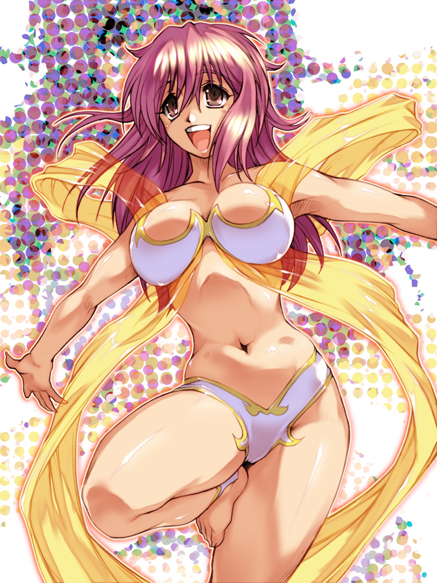 hisahiko, naegino sora, kaleido star, 00s, 1girl, barefoot, bikini, breasts, female focus, halftone, halftone background, large breasts, long hair, navel, open mouth, outstretched arms, pink hair, purple hair, see-through clothes, smile, solo, spread arms, swimsuit, zoom layer