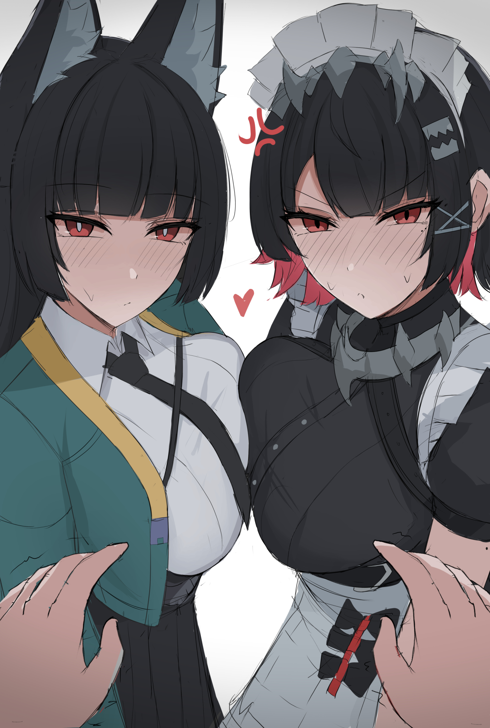namikare, ellen joe, ellen joe (on campus), hoshimi miyabi, zenless zone zero, highres, 2girls, anger vein, animal ear fluff, animal ears, apron, black hair, black necktie, black skirt, blush, breast press, breasts, colored inner hair, heart, long hair, looking at viewer, maid, maid headdress, multicolored hair, multiple girls, necktie, pov, pov hands, red eyes, red hair, shirt, skirt, symmetrical docking, white apron, white background, white shirt