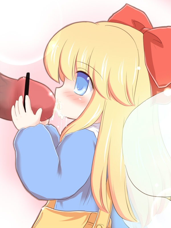 ry (yagoyago), shanghai doll, touhou, blonde hair, blue eyes, censored, cum, fairy wings, fellatio, loli, oral, penis, ribbon, school uniform, wings