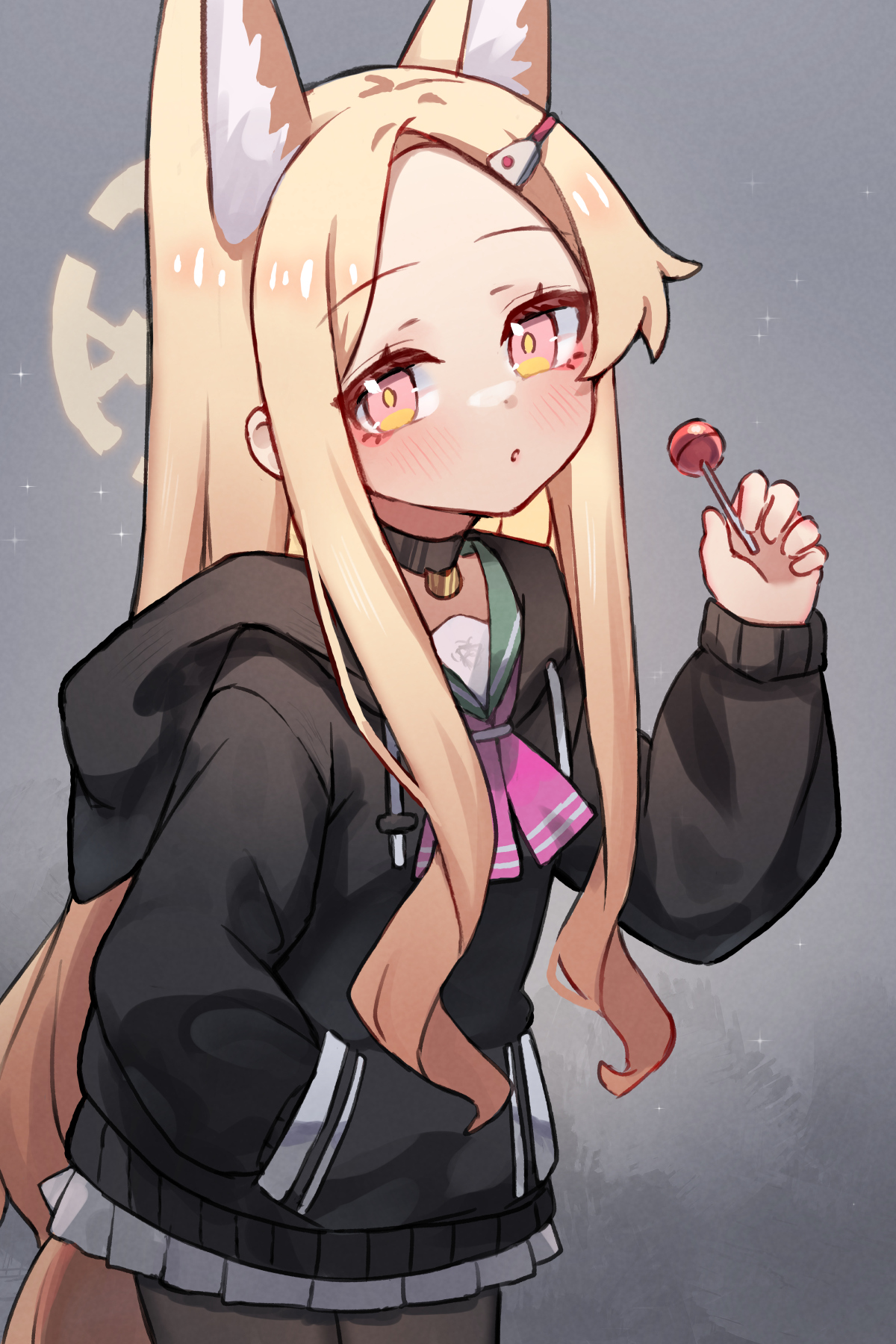 miya (miyaruta), kazusa (blue archive), seia (blue archive), blue archive, commentary, english commentary, highres, 1girl, animal ears, black hoodie, black pantyhose, blonde hair, candy, cosplay, food, fox ears, halo, hand in pocket, holding, holding food, hood, hood down, hoodie, kazusa (blue archive) (cosplay), lollipop, long hair, looking at viewer, pantyhose, skirt, solo