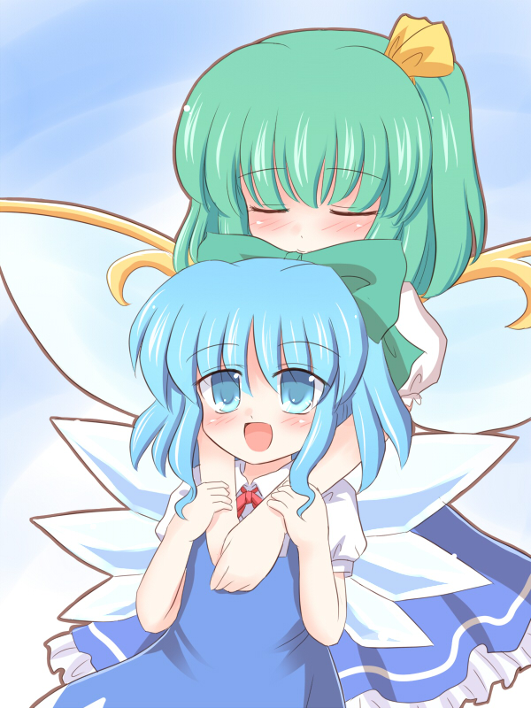 ry (yagoyago), cirno, daiyousei, embodiment of scarlet devil, touhou, tagme, 2girls, blush, dress, female focus, gradient background, multiple girls, outdoors, sky, smile, white background