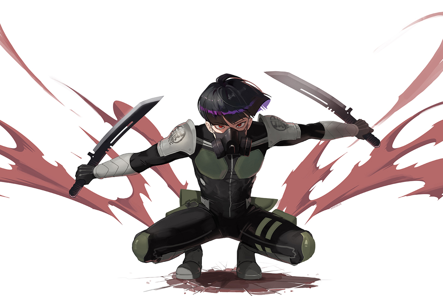 8083 blue, hoshina soshiro, kaijuu no. 8, commentary, 1boy, armor, black bodysuit, black gloves, bodysuit, bowl cut, dual wielding, full body, gas mask, gloves, holding, holding weapon, looking at viewer, male focus, mask, red eyes, shoulder armor, simple background, solo, squatting, weapon, white background