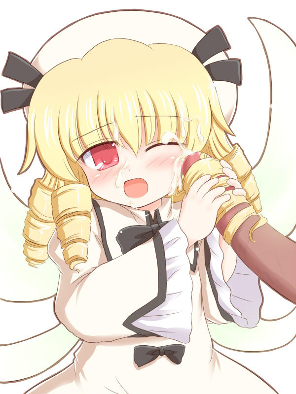 ry (yagoyago), luna child, eastern and little nature deity, touhou, touhou sangetsusei, blonde hair, cum, cum on body, cum on hair, dark penis, ejaculation, facial, hairjob, handjob, interracial, loli, penis, red eyes, twintails, uncensored, wings