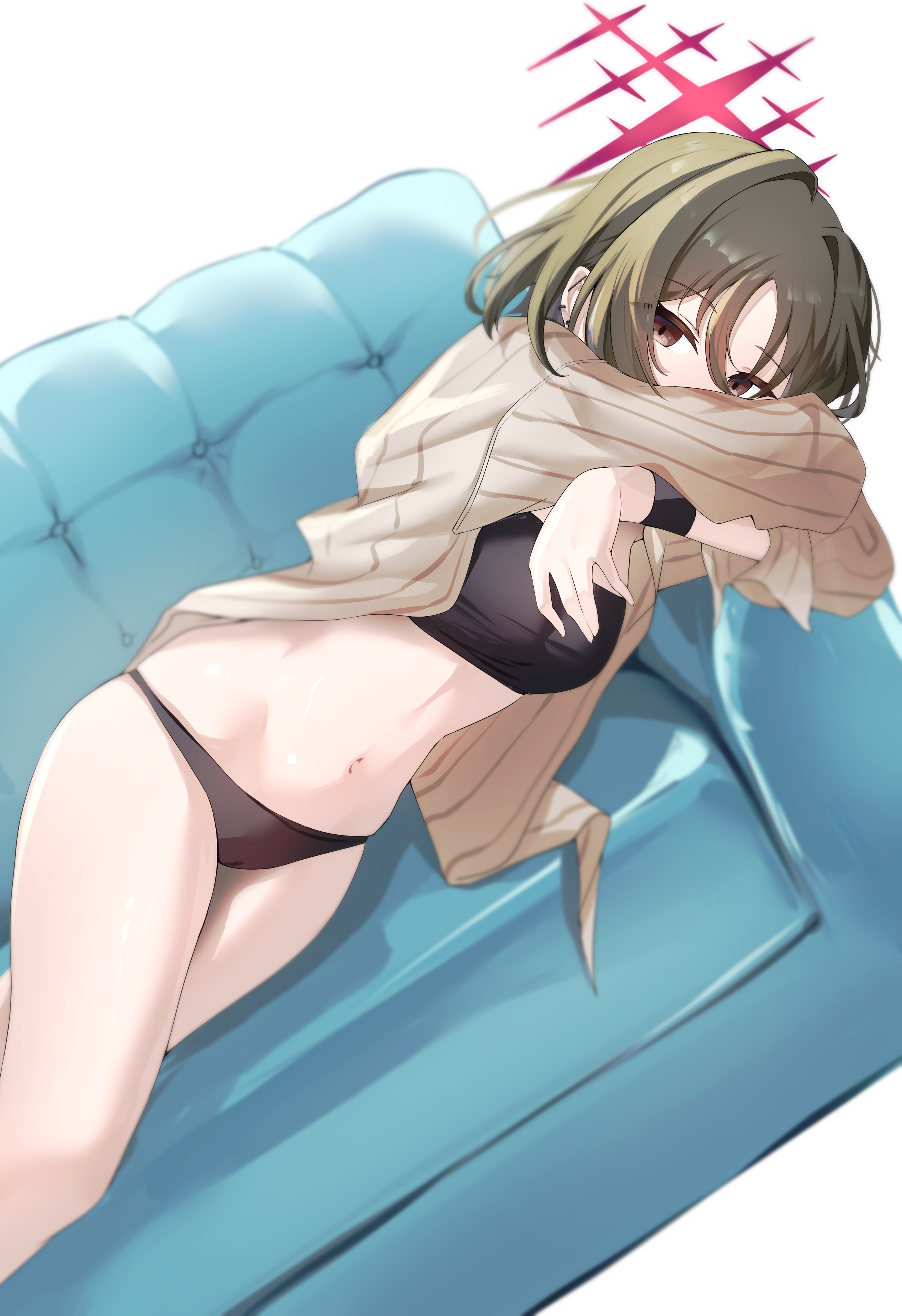 yahan (mctr5253), misaki (blue archive), misaki (swimsuit) (blue archive), blue archive, absurdres, commentary, highres, 1girl, bandeau, barbell piercing, bikini, bikini under clothes, black bandeau, black bikini, breasts, brown eyes, brown hair, covered mouth, crossed arms, ear piercing, halo, industrial piercing, looking at viewer, lying, midriff, navel, official alternate costume, on bed, on side, piercing, pinstripe pattern, pinstripe shirt, red halo, shirt, short hair, solo, stomach, striped clothes, striped shirt, swimsuit, vertical-striped clothes, vertical-striped shirt