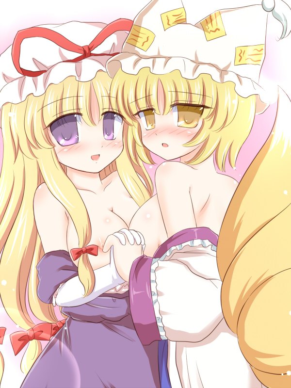 ry (yagoyago), yakumo ran, yakumo yukari, touhou, 2girls, blonde hair, blush, bow, breast press, breasts, clothes pull, dress, dress pull, female focus, fox tail, hair bow, hat, holding hands, interlocked fingers, large breasts, long hair, multiple girls, multiple tails, nipples, purple dress, purple eyes, ribbon, short hair, smile, symmetrical docking, tail, yellow eyes, yuri