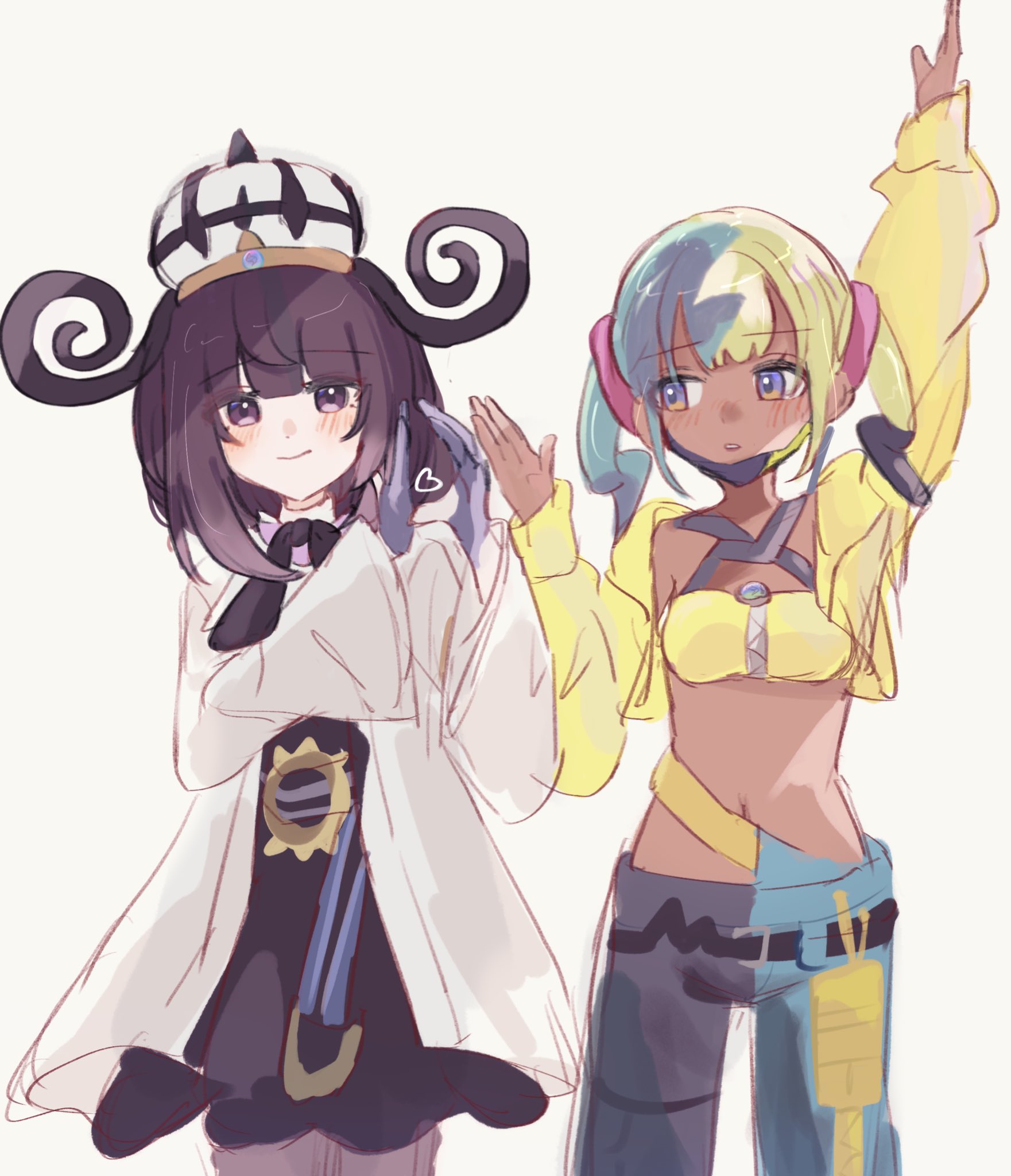 mopumopu107, canari (pokemon), gwynn (pokemon), nintendo, pokemon, pokemon legends: z-a, highres, 2girls, arm up, black dress, black pants, blue pants, blunt bangs, blush, bob cut, closed mouth, coat, crop top, cropped jacket, dark-skinned female, dark skin, dress, gloves, hat, heart, long sleeves, looking at another, looking at viewer, mega stone, multicolored hair, multiple girls, navel, open clothes, open coat, pants, parted lips, partially fingerless gloves, purple eyes, purple hair, split-color hair, twintails, two-tone hair, two-tone pants, white background, white coat, white hat, wide sleeves
