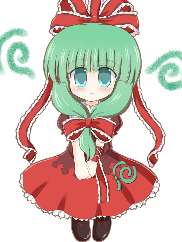 ry (yagoyago), kagiyama hina, touhou, 1girl, bow, chibi, dress, female focus, frills, front ponytail, green eyes, green hair, hair bow, hair ribbon, long hair, matching hair/eyes, ribbon, smile, solo