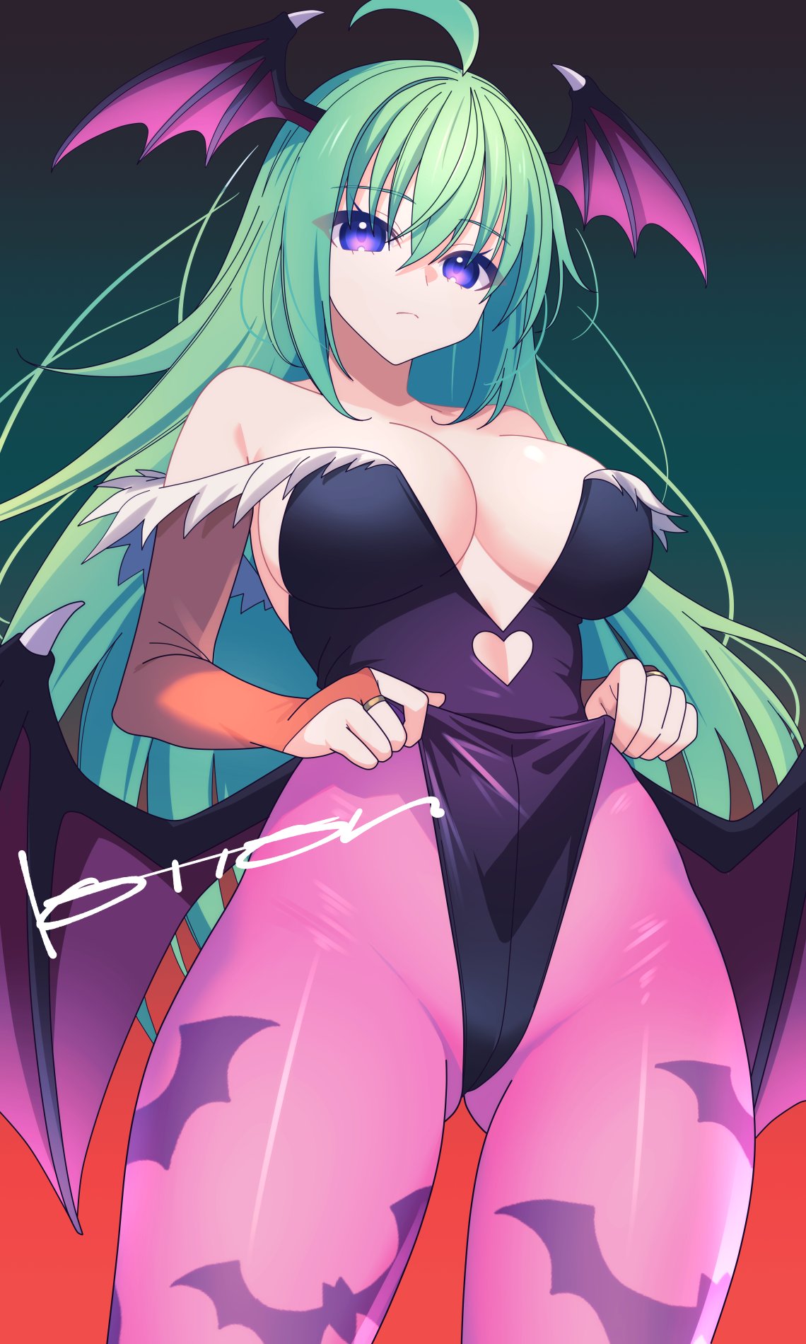 lololotton, morrigan aensland, mother (luminous avenger ix), azure striker gunvolt, darkstalkers, gunvolt chronicles luminous avenger ix, gunvolt chronicles luminous avenger ix 2, highres, paid reward available, 1girl, ahoge, bare shoulders, bat wings, breasts, cleavage, clothing cutout, cosplay, cowboy shot, expressionless, from below, gradient background, green hair, head wings, heart cutout, highleg, highleg leotard, large breasts, leotard, long hair, looking at viewer, morrigan aensland (cosplay), pulling own clothes, purple eyes, signature, solo, very long hair, wings