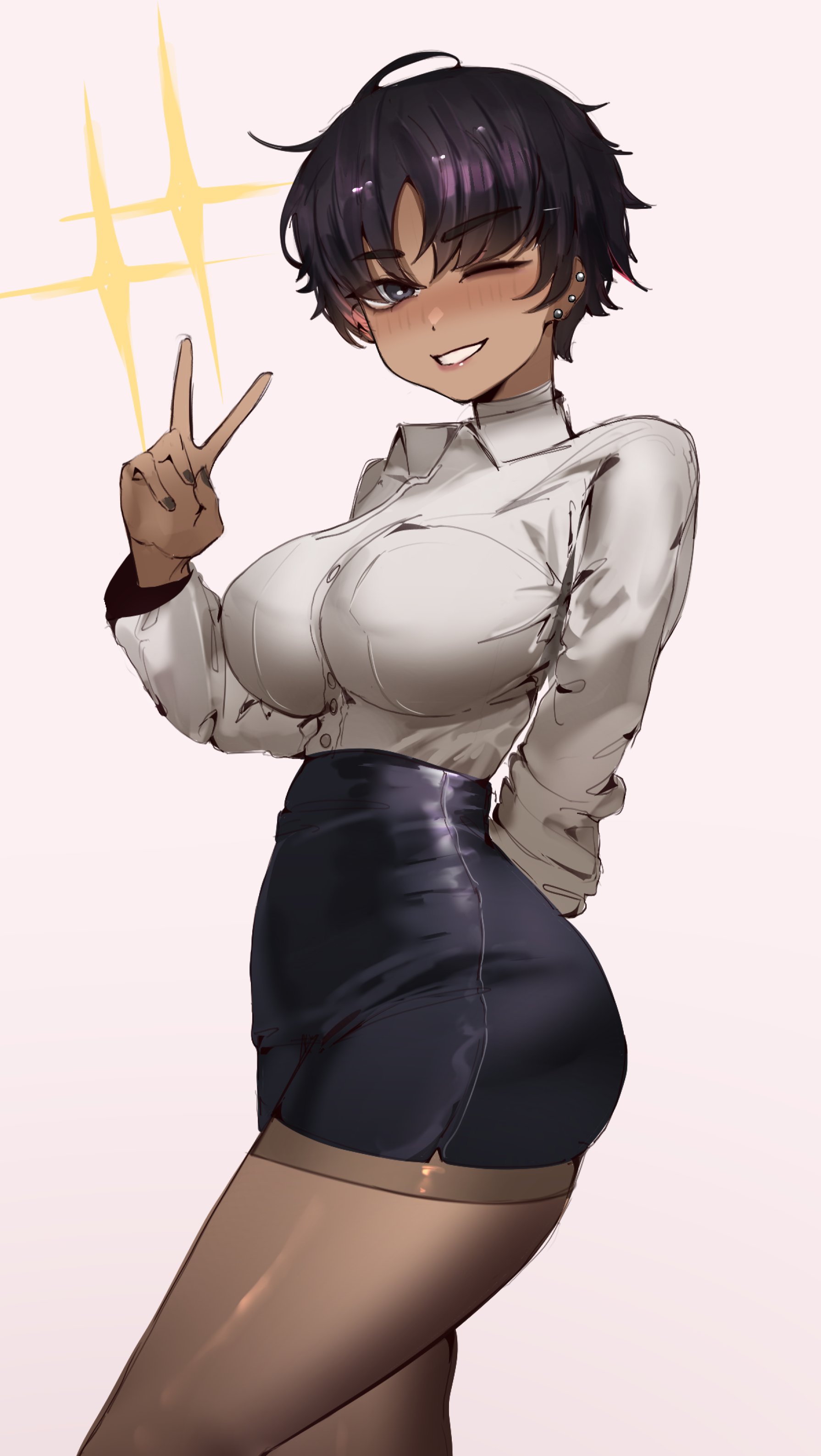 bon (vtuber), indie virtual youtuber, absurdres, highres, 1girl, black hair, black nails, black skirt, breasts, buttons, collared shirt, dark-skinned female, dark skin, earrings, grey eyes, high-waist skirt, jewelry, kuwae g, office lady, one eye closed, pantyhose, shirt, short hair, skirt, smile, solo, thighband pantyhose, v, virtual youtuber, white shirt