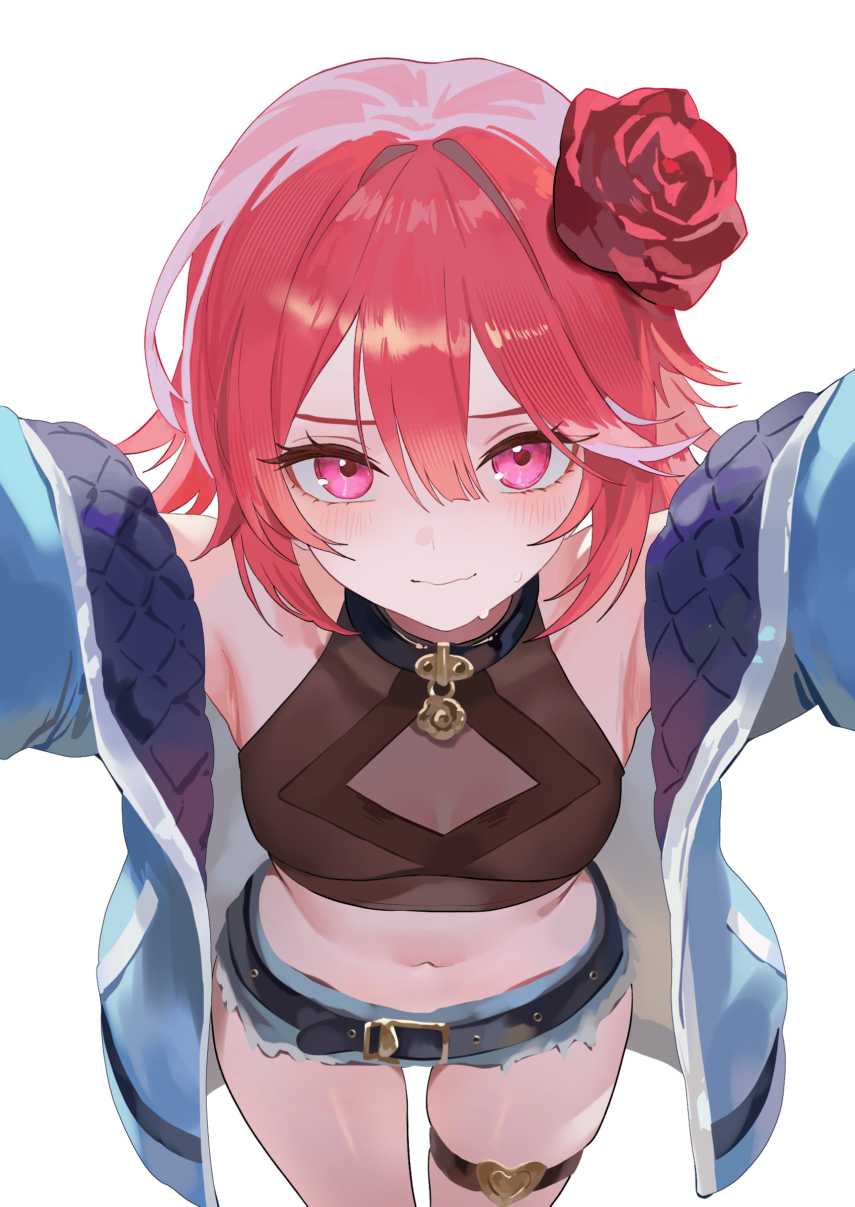 nbee ya, original, absurdres, commentary request, highres, 1girl, armpits, arms up, bare shoulders, belt, black belt, black choker, blue jacket, blue shorts, blush, breasts, choker, closed mouth, cowboy shot, crop top, flower, from above, hair between eyes, hair flower, hair ornament, jacket, looking at viewer, medium hair, micro shorts, navel, open clothes, open jacket, pink eyes, red flower, red hair, see-through cleavage, see-through clothes, shorts, sidelocks, simple background, small breasts, solo, stomach, sweatdrop, thigh strap, white background