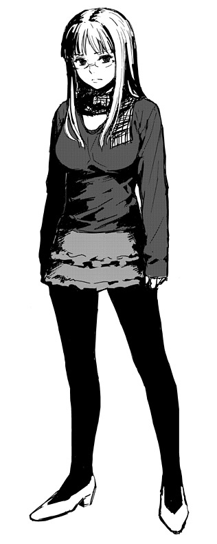 b suke, himuro kane, fate/stay night, fate (series), commentary request, 1girl, breasts, frilled skirt, frills, frown, full body, glasses, greyscale, large breasts, miniskirt, monochrome, pantyhose, scarf, skirt, sleeves past wrists, solo, sweater