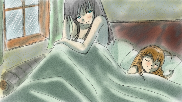 elizabeth f. beurling, wilma bishop, strike witches, strike witches: katayoku no majo-tachi, strike witches: suomus misfits squadron, world witches series, bad id, bad pixiv id, 00s, 2girls, ahoge, bed, bed sheet, black hair, blush, brown hair, closed eyes, green eyes, multiple girls, sleeping, smile, window, yuri