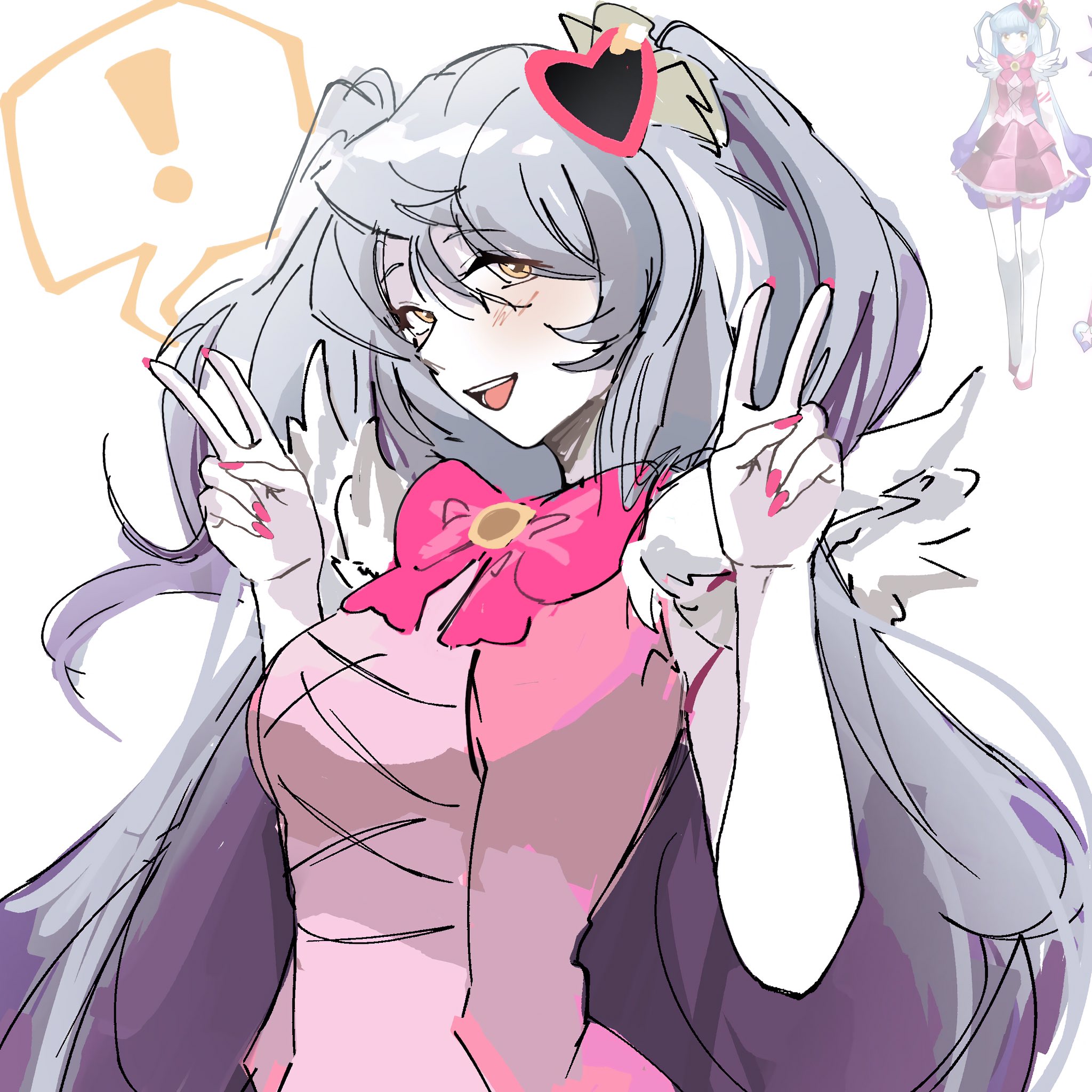 ribwunn, queen of hatred, project moon, commentary, english commentary, highres, !, 1girl, double v, grey hair, hair ornament, heart, heart hair ornament, inset, nail polish, open mouth, pink nails, smile, solo, speech bubble, v, yellow eyes