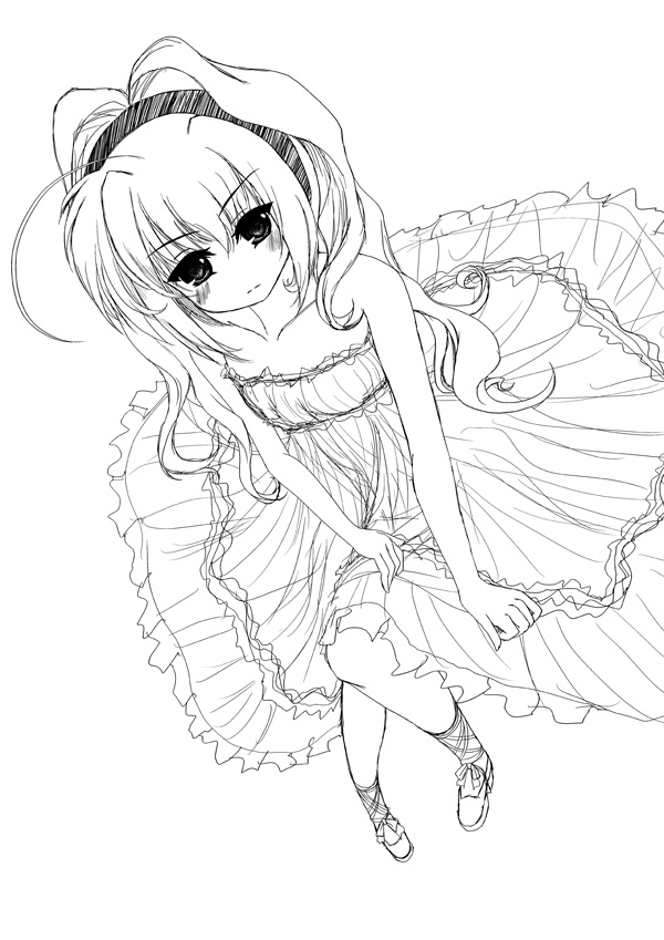 frapowa, vita (nanoha), lyrical nanoha, mahou shoujo lyrical nanoha, mahou shoujo lyrical nanoha a's, 00s, dress, greyscale, monochrome, sitting, sketch, solo