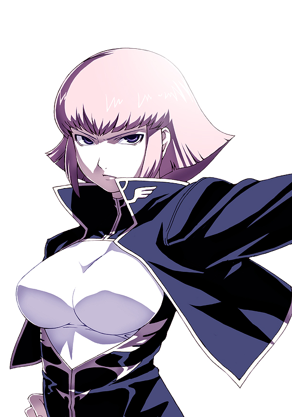 tasahin, tasaka shinnosuke, haman karn, gundam, zeta gundam, 1girl, angry, breasts, cropped jacket, female focus, hand on own hip, jacket, large breasts, long sleeves, looking at viewer, open clothes, open jacket, pink hair, purple eyes, short hair, simple background, solo, white background