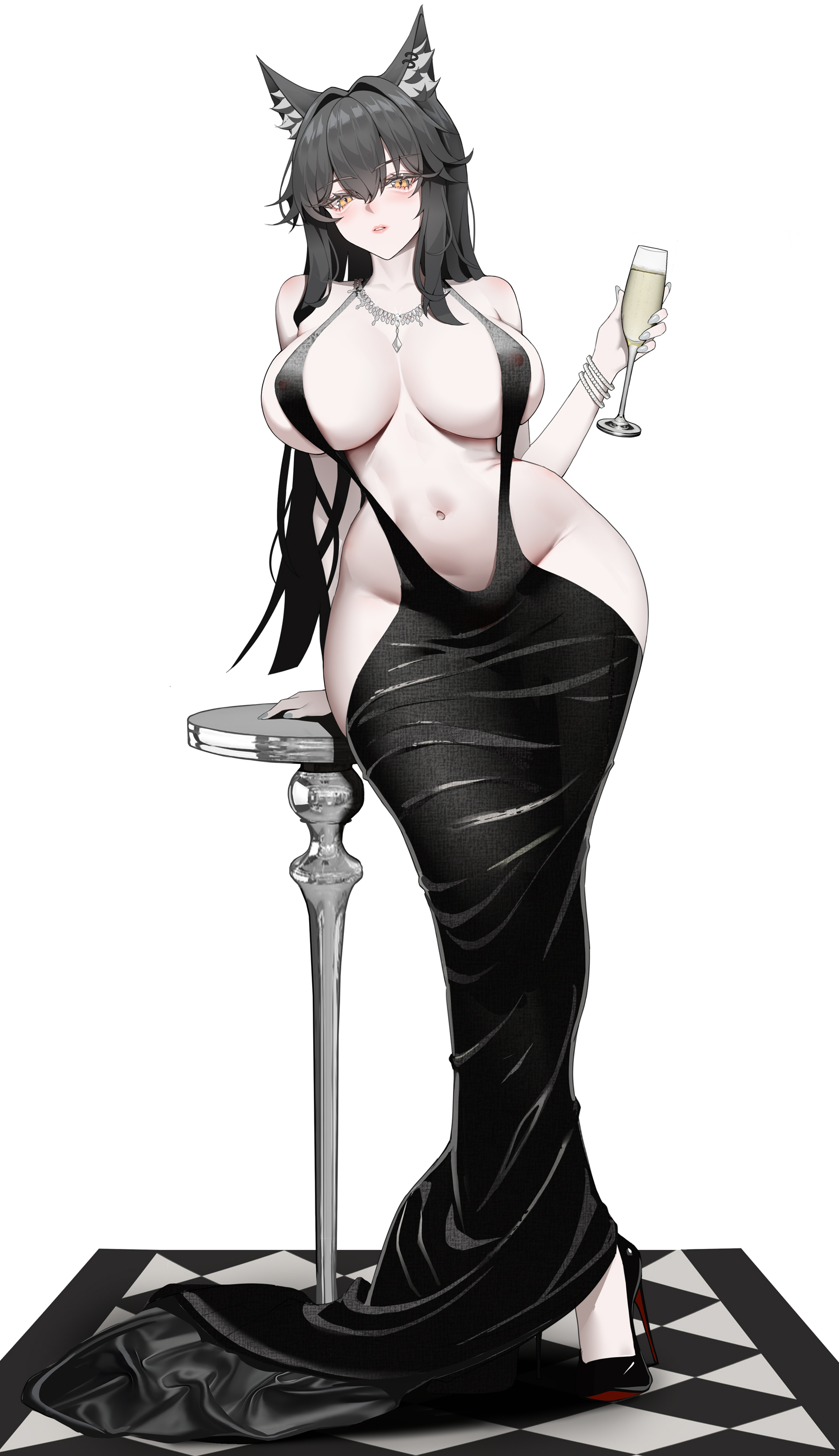 yat (tsmn7245), texas (arknights), arknights, absurdres, commentary request, highres, 1girl, alcohol, alternate breast size (larger), alternate costume, animal ears, bare shoulders, black dress, black hair, breasts, champagne, champagne flute, covered erect nipples, cup, dress, drinking glass, evening gown, holding, holding cup, huge breasts, jewelry, long hair, looking at viewer, navel, necklace, revealing clothes, simple background, solo, stomach, white background, wolf ears, wolf girl, yellow eyes