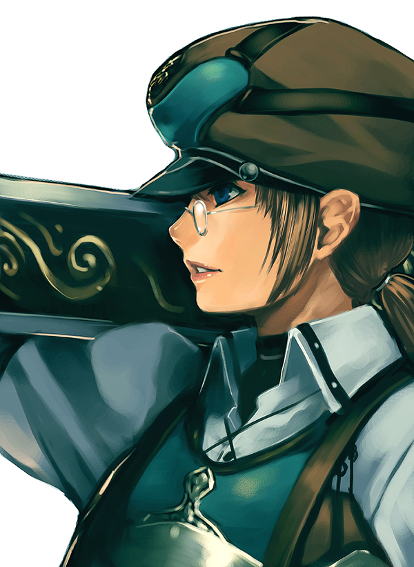 tasahin, tasaka shinnosuke, idge, idge imbrulia, granado espada, 1girl, blue eyes, brown hair, collar, female focus, glasses, hat, lipstick, makeup, ponytail, simple background, solo, sword, turtleneck, weapon