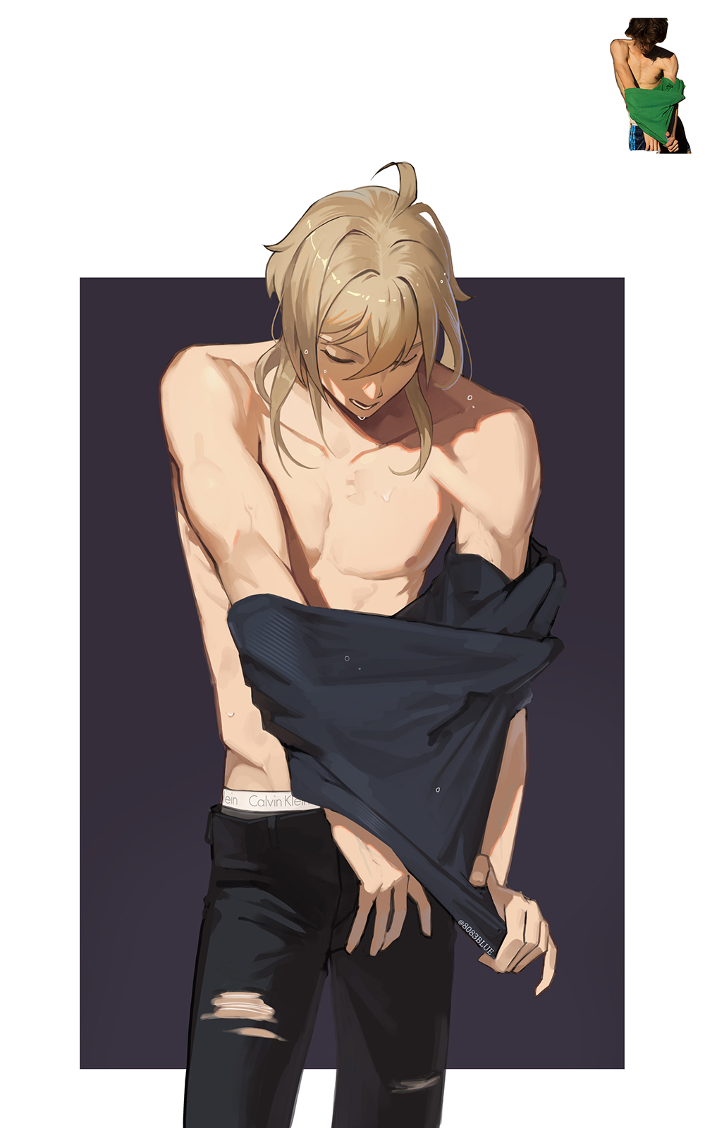 8083 blue, hakaze kaoru, calvin klein, ensemble stars!, commentary, english commentary, highres, 1boy, black shirt, brown hair, closed eyes, collarbone, cowboy shot, hair between eyes, male focus, reference inset, shirt, short hair, solo, topless male, undressing, wet, wet hair