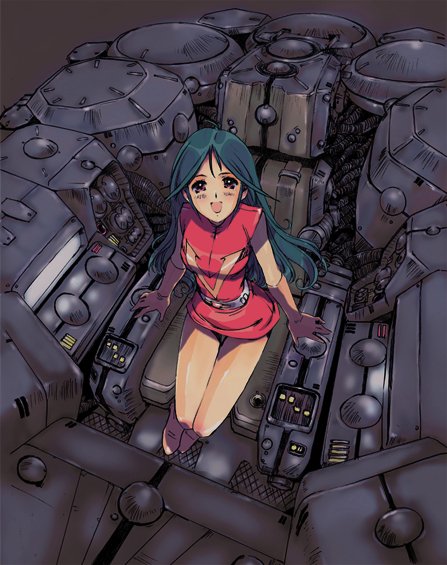 moriguchi nao (naonao), naonao77, nanbara chizuru, choudenji robo combattler v, sunrise (company), toei company, pilot suit, 1970s (style), 1girl, aqua hair, belt, blush, chair, cockpit, dress, female focus, from above, gloves, green hair, happy, long hair, oldschool, purple eyes, retro artstyle, sitting, smile, solo, thighs