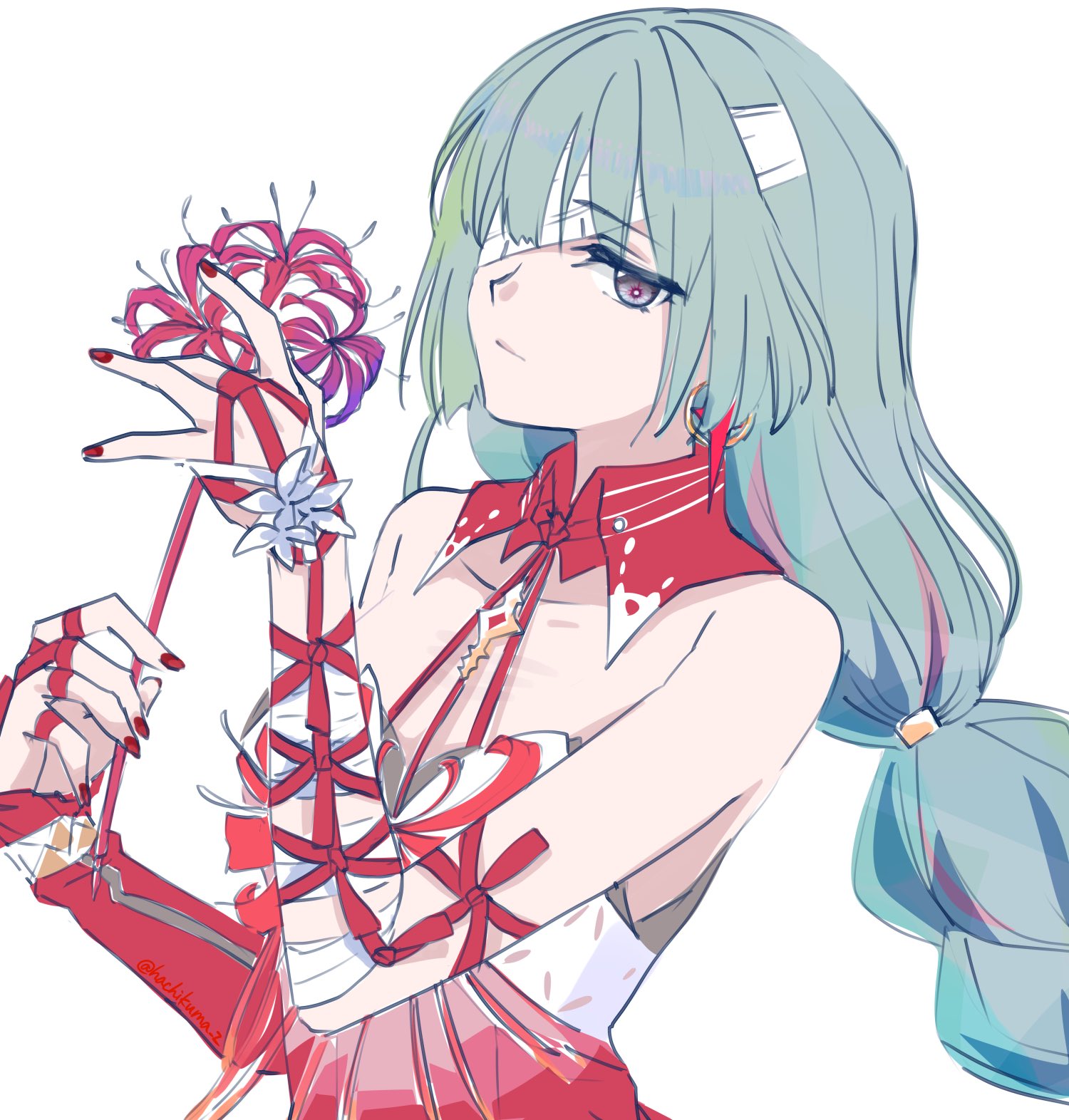 hachikuma z, phrolova (wuthering waves), wuthering waves, highres, 1girl, bandage over one eye, bandaged arm, bandages, bare shoulders, braid, closed mouth, detached collar, detached sleeves, earrings, expressionless, fingernails, flower, green hair, grey eyes, hair flower, hair ornament, hands up, jewelry, long hair, long sleeves, looking at viewer, low-braided long hair, low-tied long hair, nail polish, one eye covered, red flower, red nails, red sleeves, simple background, single braid, single detached sleeve, sleeveless, solo, spider lily, symbol in eye, upper body, white background, wing collar