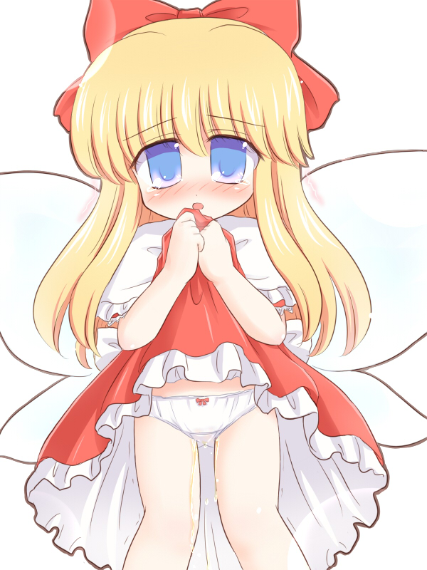 ry (yagoyago), shanghai doll, touhou, 1girl, blonde hair, blue eyes, blush, clothes lift, dress, dress lift, fairy wings, female focus, loli, long hair, looking at viewer, panties, peeing, peeing self, solo, standing, thigh gap, underwear, wet, wet clothes, wet panties, wings