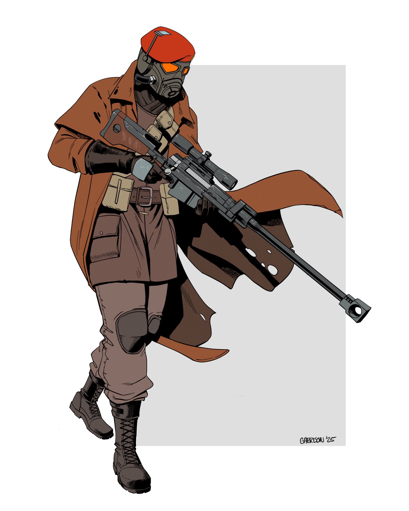 decomposedtaco, courier (fallout: new vegas), fallout, fallout: new vegas, highres, 1boy, 2025, ammunition pouch, anti-materiel rifle, artist name, belt, beret, bolt action, boots, brown gloves, bullet hole, duster, gas mask, gloves, grey background, gun, hat, headset, helmet, knee pads, mask, pgm hecate ii, pouch, rifle, sniper rifle, solo, tally, torn clothes, trigger discipline, weapon, white background
