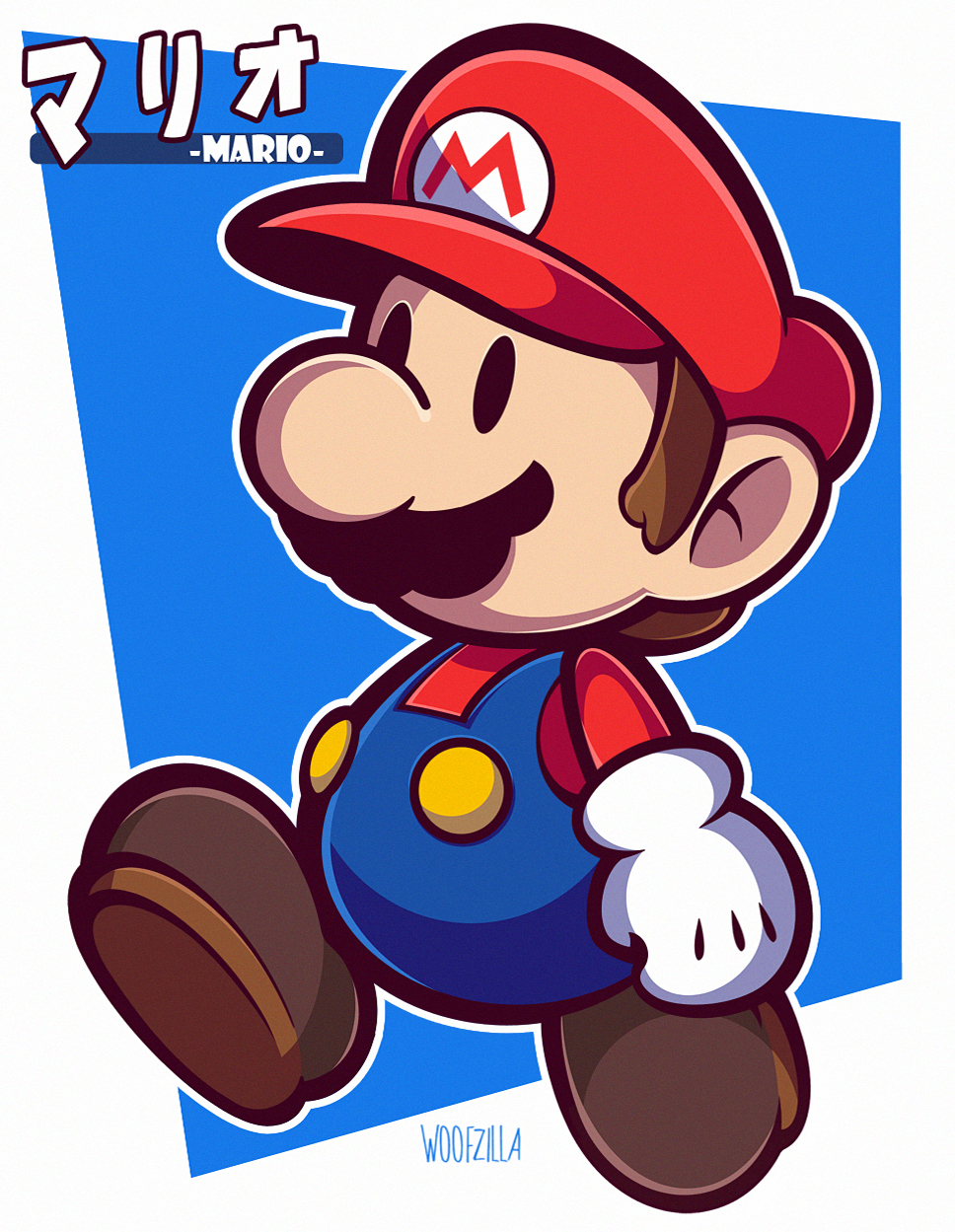 woofzilla, mario, mario (series), nintendo, paper mario, commentary, english commentary, highres, translation request, 1boy, artist name, black eyes, blue background, blue overalls, border, brown hair, brown shoes, character name, facial hair, full body, gloves, hat, male focus, mustache, outline, overalls, red hat, red shirt, shirt, shoes, short hair, solid oval eyes, solo, white border, white gloves, white outline
