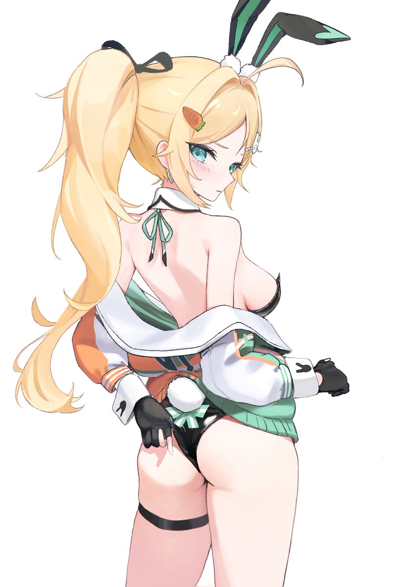 takealook, nicky blake, nicky blake (bad beat), black survival, eternal return: black survival, commentary, highres, adjusting clothes, adjusting leotard, ahoge, animal ears, arm behind back, ass, bare back, black gloves, black leotard, blonde hair, blue eyes, blush, breasts, closed mouth, collar, cowboy shot, detached collar, fake animal ears, fake tail, from behind, gloves, green jacket, hair ornament, hairclip, jacket, jacket partially removed, large breasts, leotard, long hair, long sleeves, multicolored jacket, orange jacket, partially fingerless gloves, playboy bunny, ponytail, rabbit ears, sidelocks, simple background, tail, thigh strap, thighs, white background, white collar, white jacket, white wrist cuffs, wrist cuffs