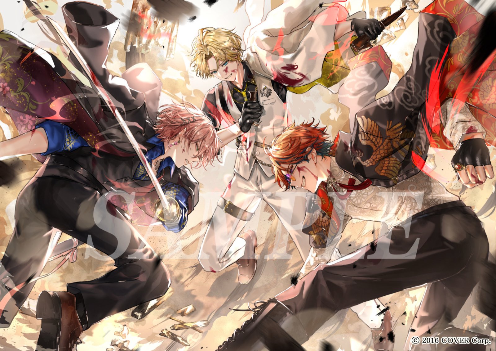 asano (kazusasn), kishido temma, rikka (holostars), yukoku roberu, holostars, highres, official art, 3boys, ahoge, alternate costume, battle, belt, black boots, black gloves, black hair, black pants, black shirt, black socks, black vest, blonde hair, blood, blood on clothes, blood on hands, bloody weapon, blue eyes, blue shirt, boots, brown shoes, clenched hand, collared shirt, copyright notice, cross-laced shoes, curtained hair, dagger, debris, dragon print, dragon tattoo, dual wielding, earrings, feet out of frame, fingerless gloves, floral print shirt, flower earrings, foot out of frame, gangster, gloves, gradient-tinted eyewear, green eyes, grin, hair between eyes, hair ornament, harness, holding, holding dagger, holding knife, holding sword, holding weapon, jacket, jacket on shoulders, jewelry, katana, knife, lace-up boots, leaning forward, long sleeves, mafia, male focus, mole, mole under eye, multicolored hair, multicolored jacket, multiple boys, neck tassel, neck tattoo, necktie, o-ring, o-ring harness, open collar, orange-tinted eyewear, orange hair, ornate ring, pants, parted bangs, parted lips, patterned clothing, phoenix print, pink hair, pink ribbon, print jacket, profile, purple-tinted eyewear, purple eyes, red jacket, reverse grip, ribbon, ring, round eyewear, sample watermark, serious, sheath, shirt, shoes, short hair, sleeves rolled up, smile, smoke, socks, standing, standing on one leg, streaked hair, sword, tassel, tattoo, thigh belt, thigh strap, tinted eyewear, two-tone jacket, vest, virtual youtuber, watermark, weapon, white jacket, white pants, white shirt, white vest, x hair ornament, yakuza, yellow necktie