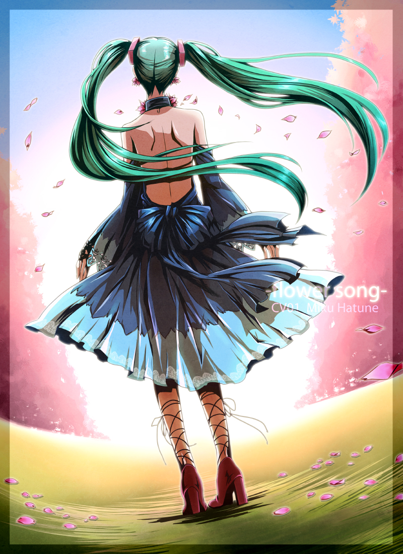 momopanda, hatsune miku, vocaloid, alternate costume, aqua hair, back, detached sleeves, dress, flower, high heels, long hair, necktie, petals, shoes, solo, twintails, very long hair