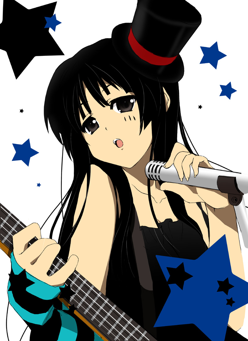 iga tamaki, akiyama mio, don't say "lazy", k-on!, 00s, 1girl, bass guitar, black hair, blunt bangs, facepaint, female focus, gothic lolita, hat, hime cut, instrument, lolita fashion, mini hat, mini top hat, solo, top hat