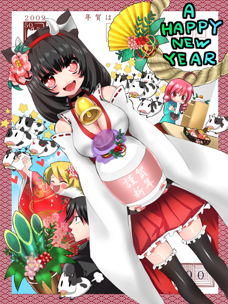 yui tooru, original, 00s, 1boy, 2009, 3girls, :d, ^ ^, ahoge, animal ears, arms up, bamboo, bare shoulders, bell, bento, black hair, black thighhighs, blonde hair, blush stickers, breasts, chibi, cleavage, closed eyes, cow, cow ears, detached sleeves, drill hair, eating, flower, food, hair flower, hair ornament, hairband, happy new year, holding, horns, japanese clothes, jug (bottle), kadomatsu, kagami mochi, kimono, milk, mochi, multiple girls, new year, open mouth, pink eyes, pink hair, profile, red eyes, ribbon-trimmed sleeves, ribbon trim, rope, seigaiha, short hair, smile, star (symbol), thighhighs, wagashi, zettai ryouiki