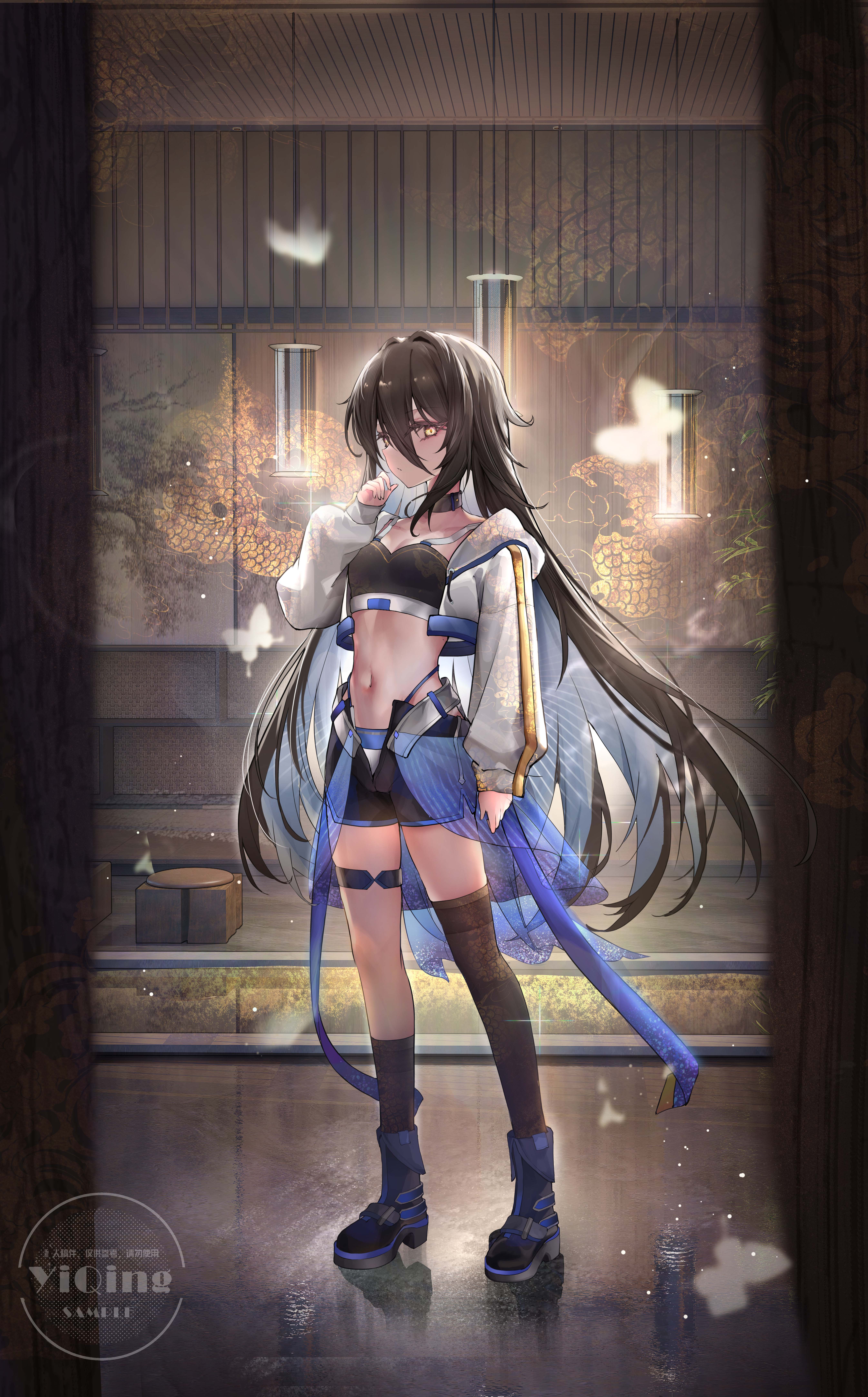 yinber, original, absurdres, highres, 1girl, asymmetrical legwear, black hair, black shorts, black thighhighs, boots, closed mouth, collar, cropped jacket, full body, indoors, jacket, long hair, looking at viewer, open clothes, open jacket, shorts, single thighhigh, solo, standing, thigh strap, thighhighs, uneven legwear, yellow eyes