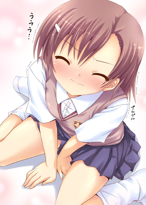kusakami akira, misaka mikoto, toaru majutsu no index, 00s, blush, brown hair, closed eyes, from above, school uniform, solo