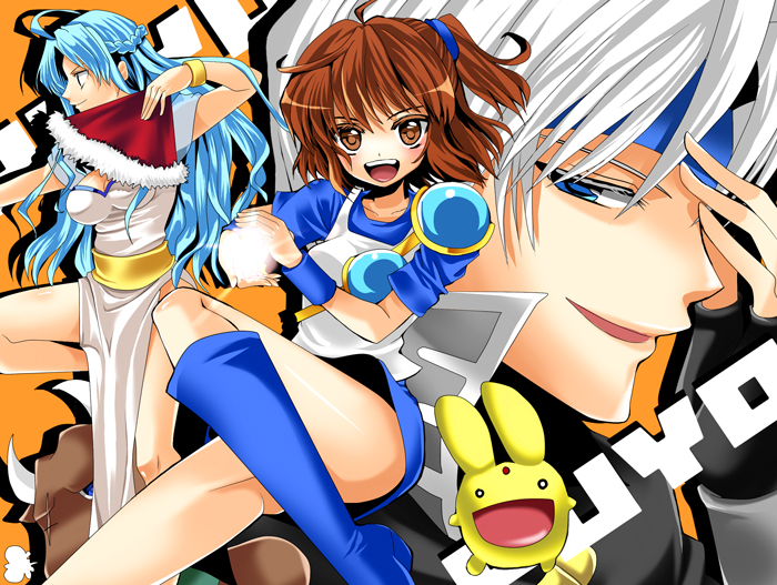 yui tooru, arle nadja, carbuncle (puyopuyo), minotaur (puyopuyo), rulue (puyopuyo), schezo wegey, madou monogatari, puyopuyo, 1boy, 2girls, blue eyes, blue hair, blue skirt, boots, brown eyes, brown hair, creature, hand fan, headband, knee boots, long hair, minotaur, multiple girls, short hair, skirt, smile, standing, standing on one leg, white hair