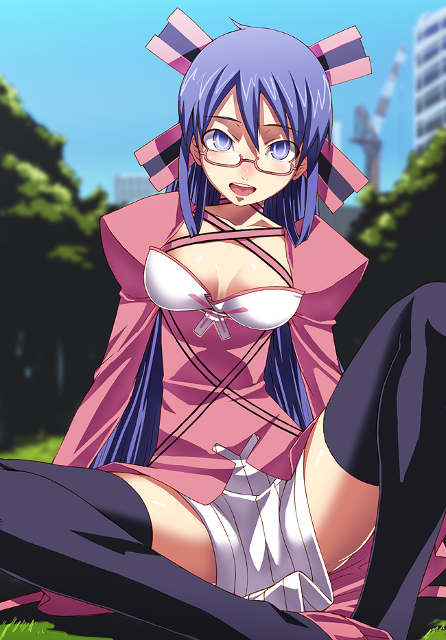 tasaka shinnosuke, komaki midori, devil survivor 1, black legwear, blue eyes, blue hair, blush, dress, glasses, hair ribbon, long hair, ribbon, sitting, smile, spread legs, thighhighs